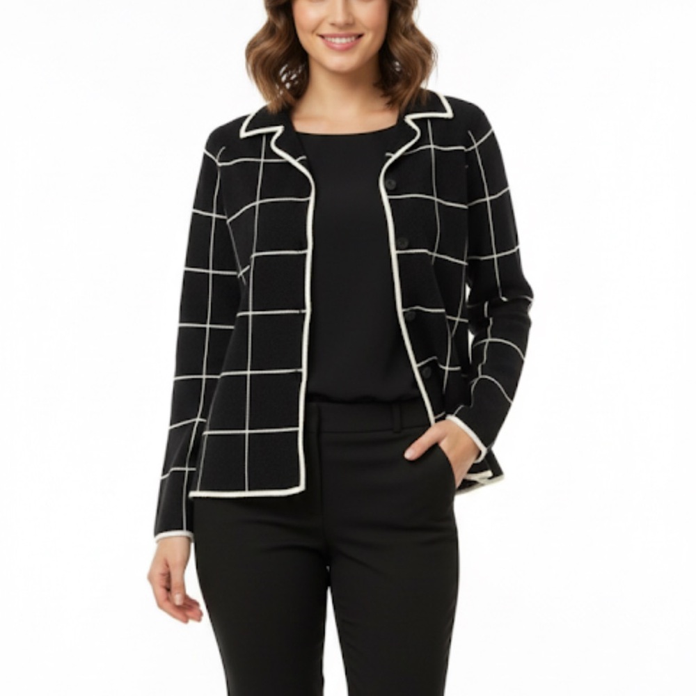 Mercer & Madison Black Ivory Windowpane Knit Sweater Lady Jacket Cardigan Size L
